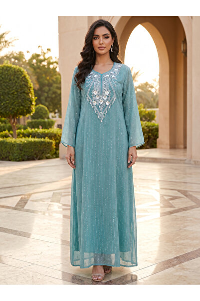 Finelook Shimmer Stripe Chiffon Jalabiya | Crystal Floral Neckline Embroidere...