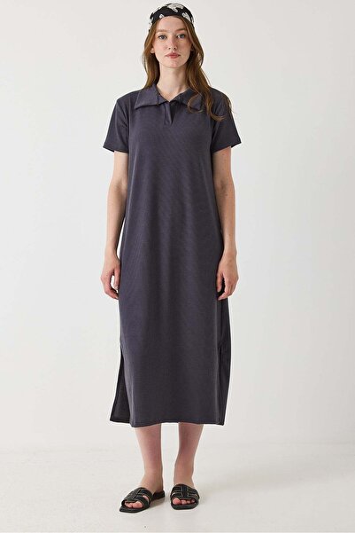 Raneel Kazançlı Alışveriş Women's Polo Collar Long Dress with Mini Slits on t...