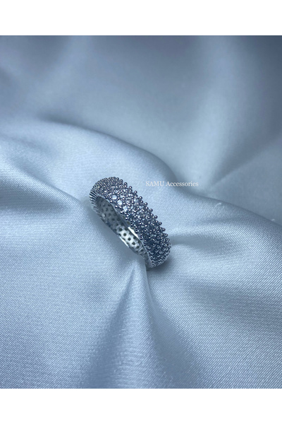 Samu Accessories خاتم فولاذي من تامتور مرصع بحجر الزركون بثلاثة صفوف - خاتم ف...