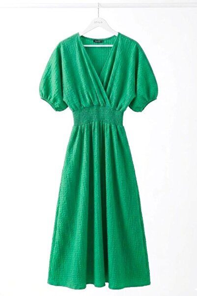 Raneel Kazançlı Alışveriş Double Breasted Collar Midi Dress with Waistband Green