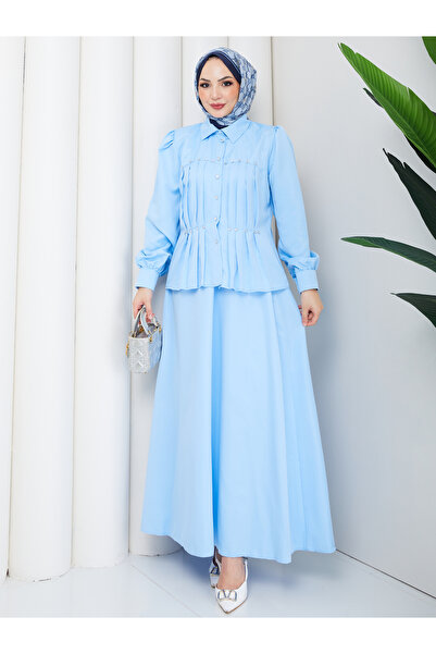 EFSUN MODA Elegant Pleated Skirt with Pearl Details and Tessel Trimmed Suit