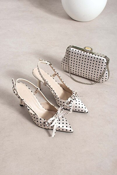 dabab shoes Polkia Polka Dot Patterned Cream Satin Bow Detailed Pointed Toe S...