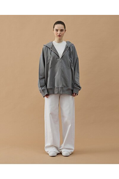 Aybikestil Cotton İki İplik Fermuarlı Kapüşonlu Sweatshirt Gri