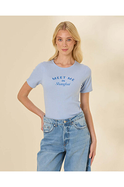 REDTAG Women Light Blue Graphic Ribbed T-Shirt