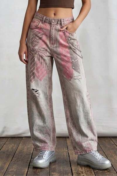 Köstebek Gray Washed Pink Tie-Detail Y2K Baggy Pants