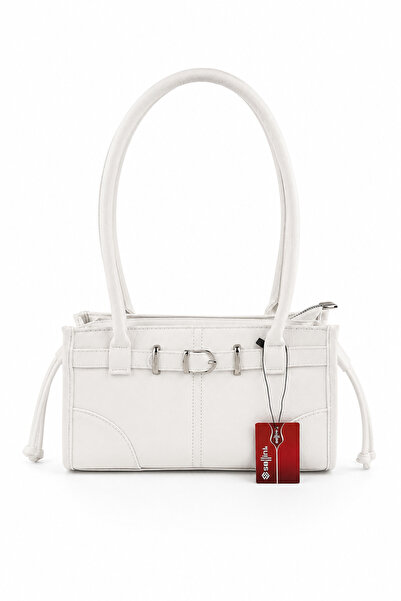 Sellini Belt Detailed Faux Fishbone Leather Women's Shoulder Bag Cleo White