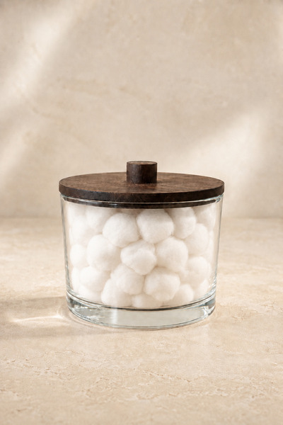 Şahane Pazar Acacia Lid Cotton Container Decorative Bathroom Organizer Storag...