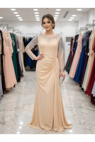 Pyramid masterpieces Beige Embroidered Evening Dress