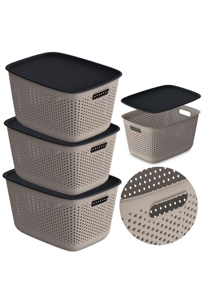 EDANTI 3x Cutie de depozitare din plastic perforată cu capac, 17L, Maro deschis