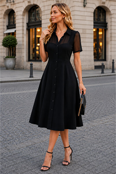 Kokosh moda Timeless Elegance Women's Button Front Short Sleeve Crepe Dress