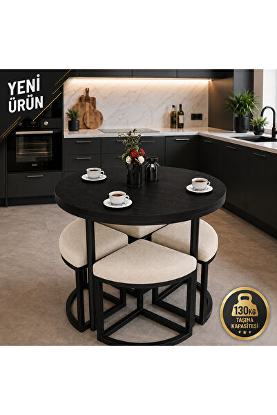EDMONDA EV AKSESUAR ALARA 90 CM ÇAP SİYAH METAL YUVARLAK YEMEK MASASI TAKIMI ...