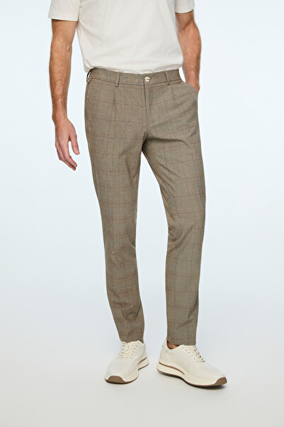 Morven Men's Brown Polyviscon Trend Plaid Slim Fit Trousers
