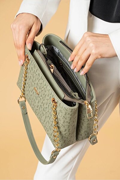 Just Polo Women's Hand and Shoulder Bag Monogram Printed Chain Strap Multi-Compartment Stylish Tote Light Khaki Green