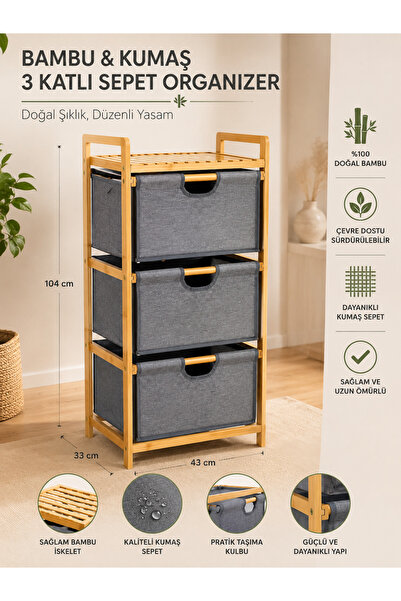 Arsimo 3 Katlı Bambu Raf Sepetli Organizer | Salon, Banyo, Mutfak Düzenleyici...
