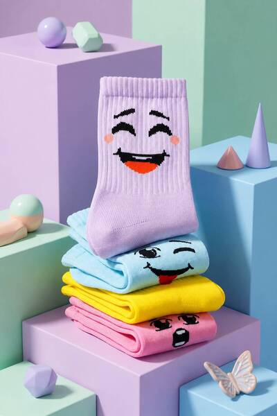 Shining Socks Kız Çocuk Emoji Desenli Renkli Pamuklu Soket Spor Çorap 3’lü Pa...