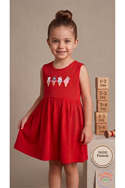 KETBaby Girl's Red Ice Cream Patterned Dress |   100% Cotton - Ages 1-6