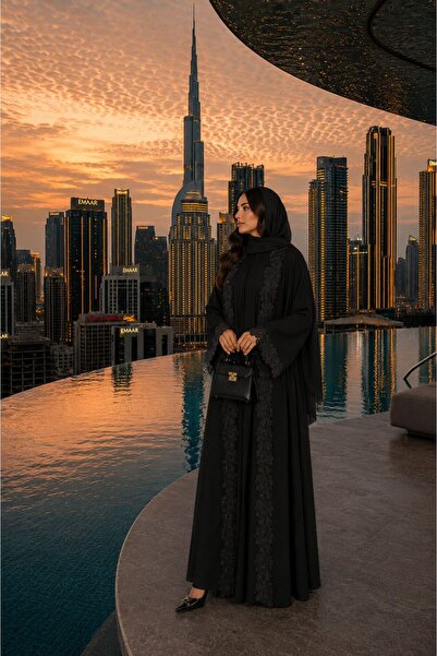 Ophelia Florina Abaya – 3-in-1 Open-Front Hand-Stitched Floral Abaya with Inn...