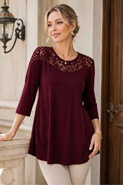 HELVEYS Women's Round Neck Three-Quarter Sleeve Transparent Tulle Lace Detail...