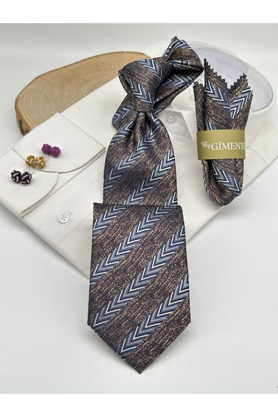 Gutiero Brown Patterned Classic Tie with Handkerchief