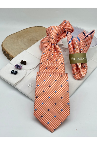 Gutiero Classic Tie with Orange Polka Dot Handkerchief