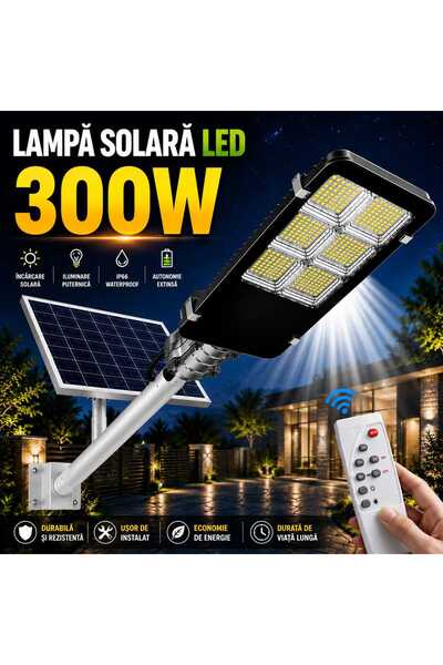Jortan Lampă Solară Stradală 300W, cu Panou Solar Separat, Telecomandă, Senzo...