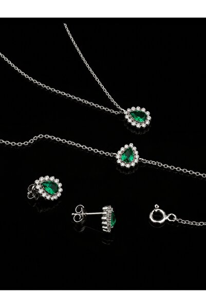 byess 925 Ayar Gümüş Yeşil Taşlı Damla Kolye Küpe Bileklik Set