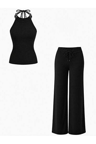 EVOA Women's Beaded Detailed Backless Blouse and Wide-Leg Pants Set