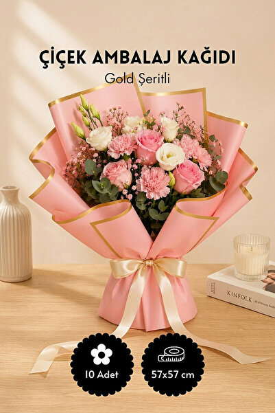 Bimotif 10lu Gold Şeritli Çiçek Ambalaj Kağıt Seti 57x57cm, Pembe (Çiçek Buke...