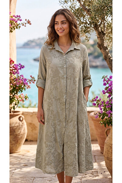yusracollectionn Women's Italian Linen Ethnic Embroidered Maxi Shirt Dress – ...