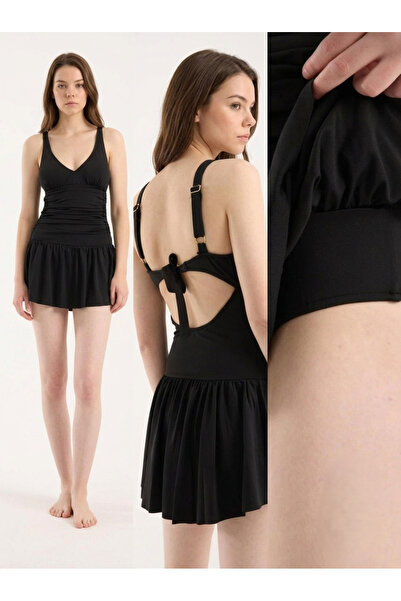 Kadın Sırtı Bağlama Detaylı Bel Büzgülü Etekli Mayo / Women's Back Tie Detail Waist Gathered Skirted Swimsuit