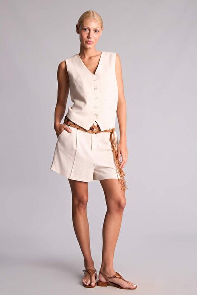 DeFacto Normal Waist Short Leg Linen Blend Natural Light Beige Shorts I1213Ax...