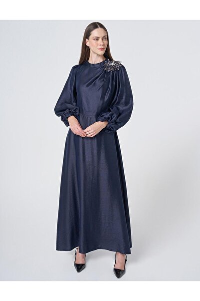 Kayra Satin Dress with Embroidery Detail Dark Navy Blue