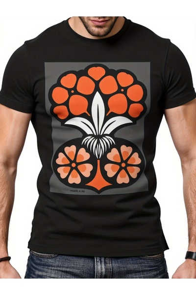 12 Teknoloji Classic Black Short Sleeve T-Shirt Orange Chinese Plum Blossom P...
