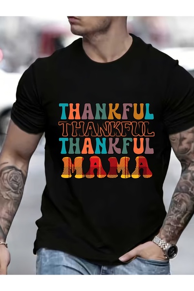 12 Teknoloji تي شيرت ناعم وقابل للتنفس بطباعة نصية ملونة بعبارة "Thankful Mam...