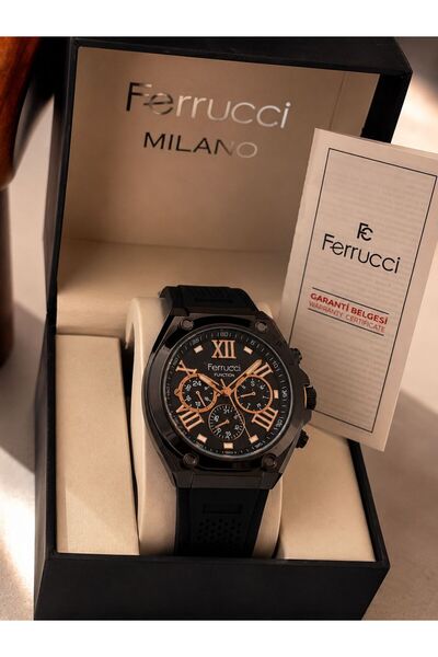 Ferrucci ERKEK KOL SAATİ SİYAH SİLİKON KORDON SİYAH KASA ROSE GOLD DETAYLI
