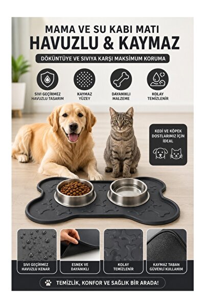 Black Gold Kedi Köpek Mama ve Su Kabı Altlığı 45X35 cm Kaymaz Mama Matı Yıkan...