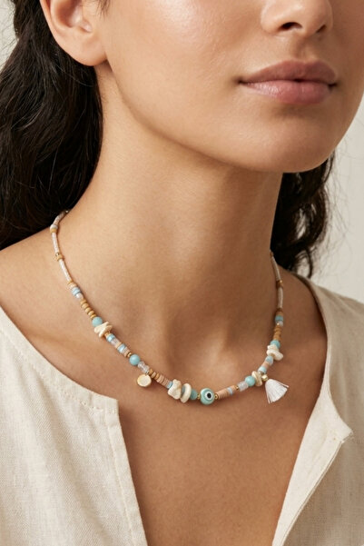 PETEK AKSESUAR Ceramic Nazar Fimo Natural Stone Bead Necklace