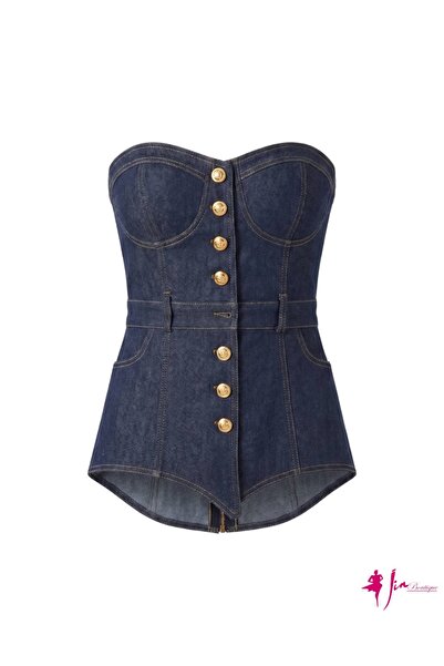 JİN BUTİK Gold Düğmeli Straplez Denim Korse