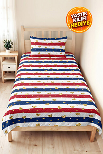 Evimde Bambaşka Hearted Striped Navy Blue Youth Room Single Pique Set-Red 160...