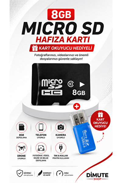 Dimute Shop 8GB Micro SD Hafıza Kartı + Telefon Kamera Drone Uyumlu Kart Okuy...
