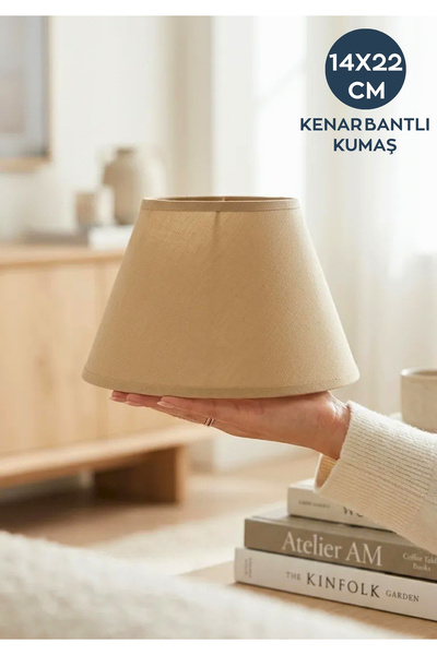 HOMİNG Sütlü Kahverengi Kumaş, Kenar Bantlı Metal Çember Abajur Başlığı