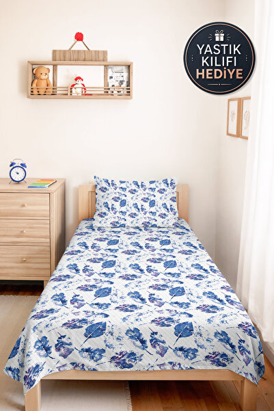 Evimde Bambaşka Blue Leaf Modern Young Room Single Pique Set-Purple Botanical...