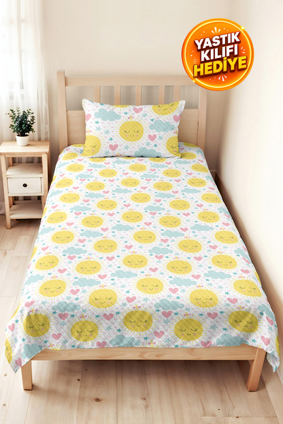 Evimde Bambaşka Yellow Sun Cloud Girl's Pique Set - Pastel Blue Pink Baby Roo...