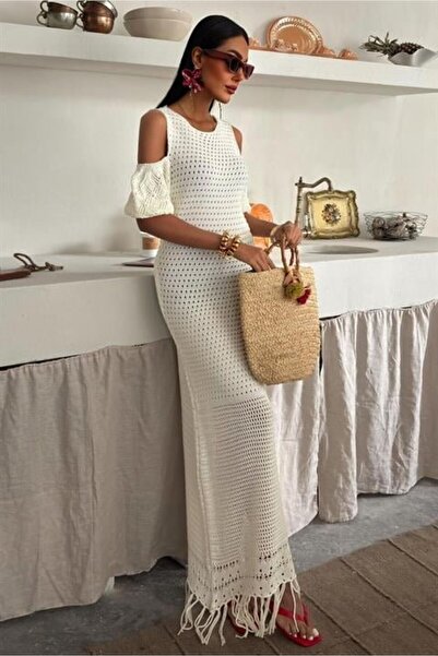 Generic Brand Shoulder Detailed Hem Tasseled Knitwear Dress 2862
