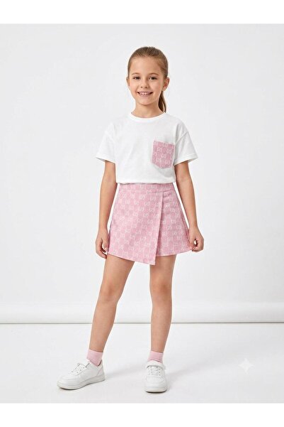 Kidscocuk Girl's Patterned Jacquard T-Shirt Shorts Skirt Set with Appliqué Po...