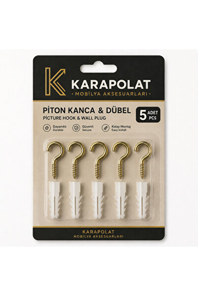 KARAPOLAT Piton Kanca ve Plastik Dübel Seti 5 Adet Sarı Çelik Askı Kancası Du...
