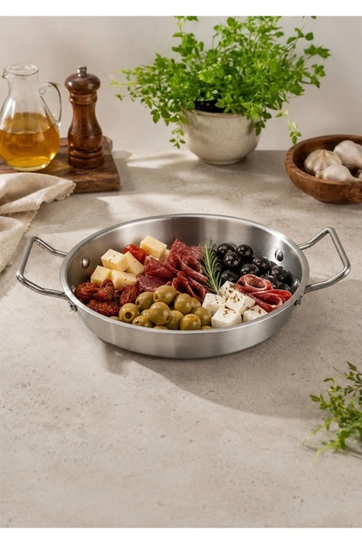 CEZVE HOME Double Handle Silver Stainless Steel Round Presentation and Cookin...
