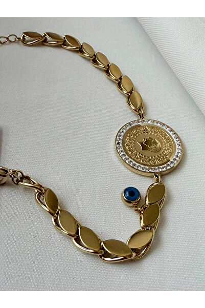 ZÜLİSCH Steel Bracelet with Barley Chain, Ata Model, Zircon Stone, Gold Color...