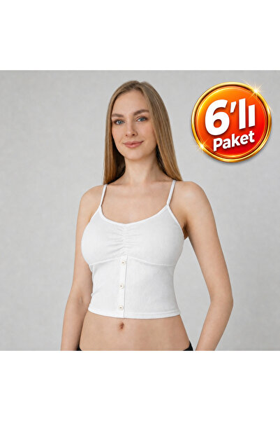 Cansu İç Giyim Women's 6-Pack Button Detailed Ribbed Crop Tank Top Set - Blac...