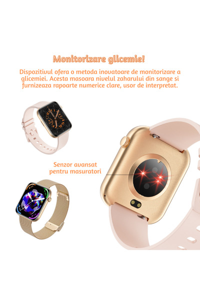 Lommad Ceas Smartwatch Lommad® dama, femei, Ultra-subtire, SLIM, AMOLED 1.85", Glicemie, Ritm cardiac, Tensiune arteriala, Oxigen sange, Somn, Apel Bluetooth, IP67, Moduri Sport, Auriu + CADOU curea